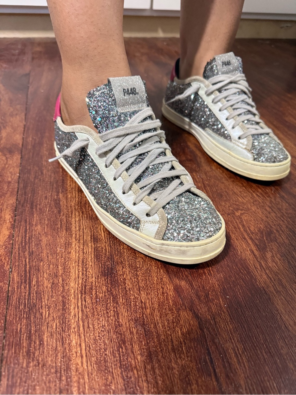 P448 Women’s Silver Glitter Sneakers with Pink Heel Tab